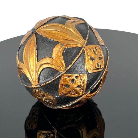 Ornate Black & Gold Decorative Sphere Ball Intricate Vintage Accent - Picture 2 of 6
